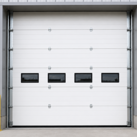 Puerta seccional industrial CHI Modelo 3240 tipo Ribbed Steel fabricada en acero galvanizado, diseñada para almacenes, centros de distribución y aplicaciones industriales de alto tráfico.