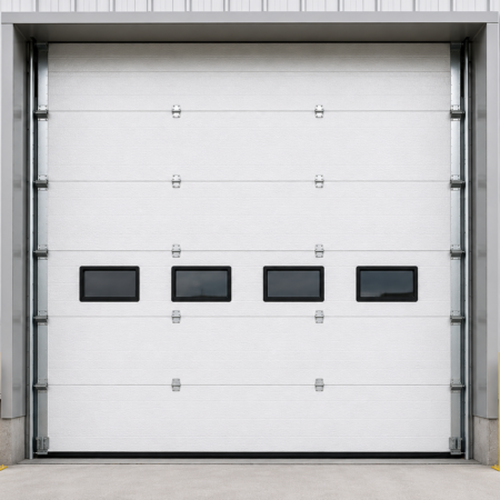 Puerta seccional industrial CHI Modelo 3242 insulada con paneles de acero acanalado y aislamiento de poliestireno, diseñada para eficiencia energética y uso intensivo en instalaciones industriales.
