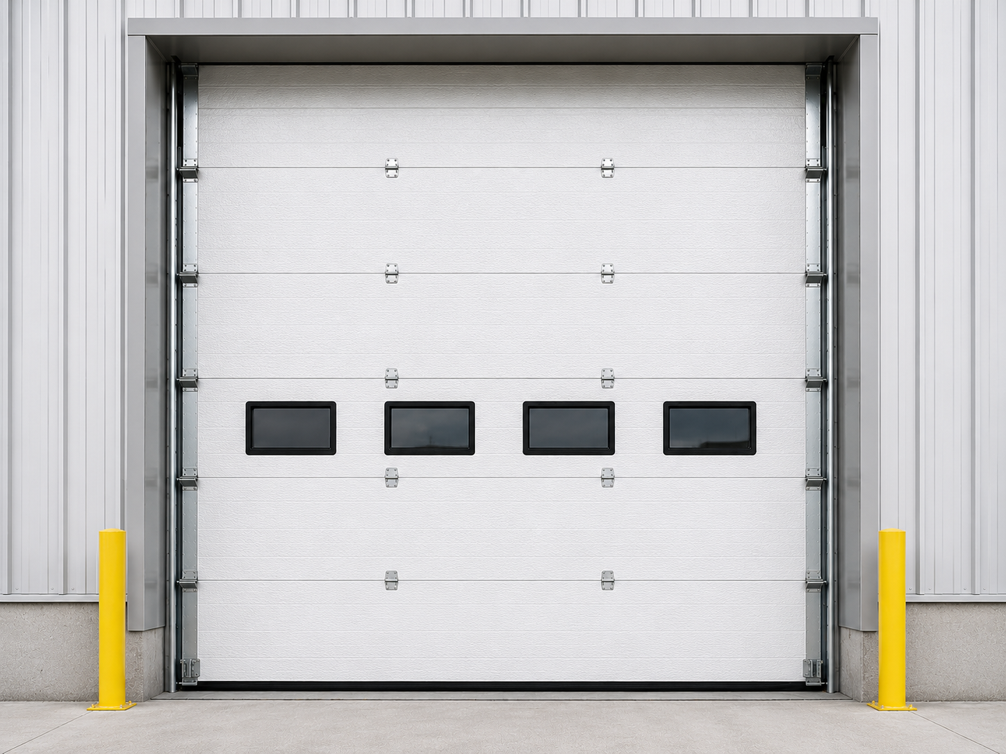 Puerta seccional industrial CHI Modelo 3242 insulada con paneles de acero acanalado y aislamiento de poliestireno, diseñada para eficiencia energética y uso intensivo en instalaciones industriales.
