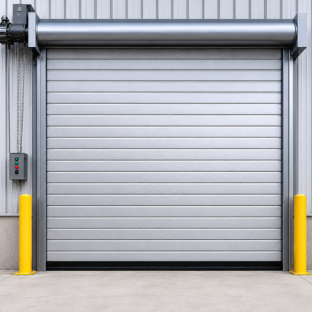 Cortina enrollable industrial CHI Modelo 6222 insulada con lamas de acero galvanizado y aislamiento de poliuretano, diseñada para eficiencia energética, seguridad y uso intensivo en instalaciones industriales.