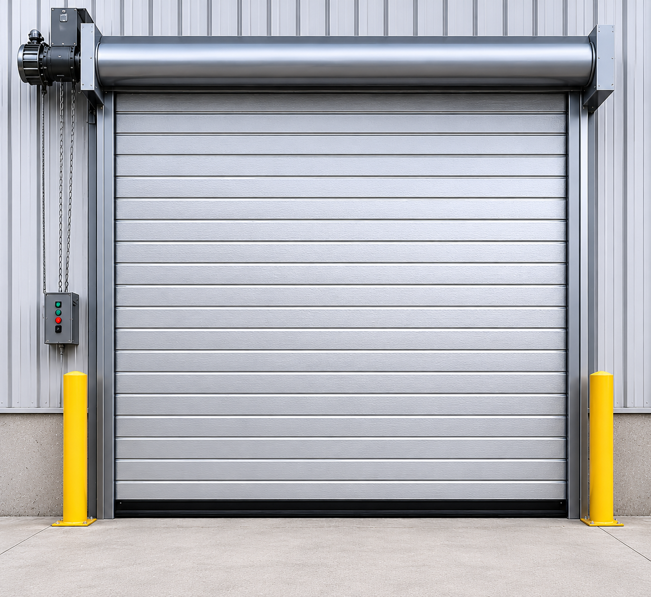 Cortina enrollable industrial CHI Modelo 6222 insulada con lamas de acero galvanizado y aislamiento de poliuretano, diseñada para eficiencia energética, seguridad y uso intensivo en instalaciones industriales.