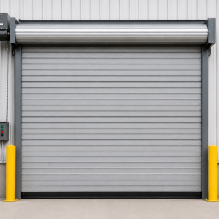 Cortina enrollable industrial CHI Modelo 6242 insulada con lamas de acero galvanizado y aislamiento de poliuretano, diseñada para seguridad, eficiencia energética y uso intensivo en instalaciones industriales.