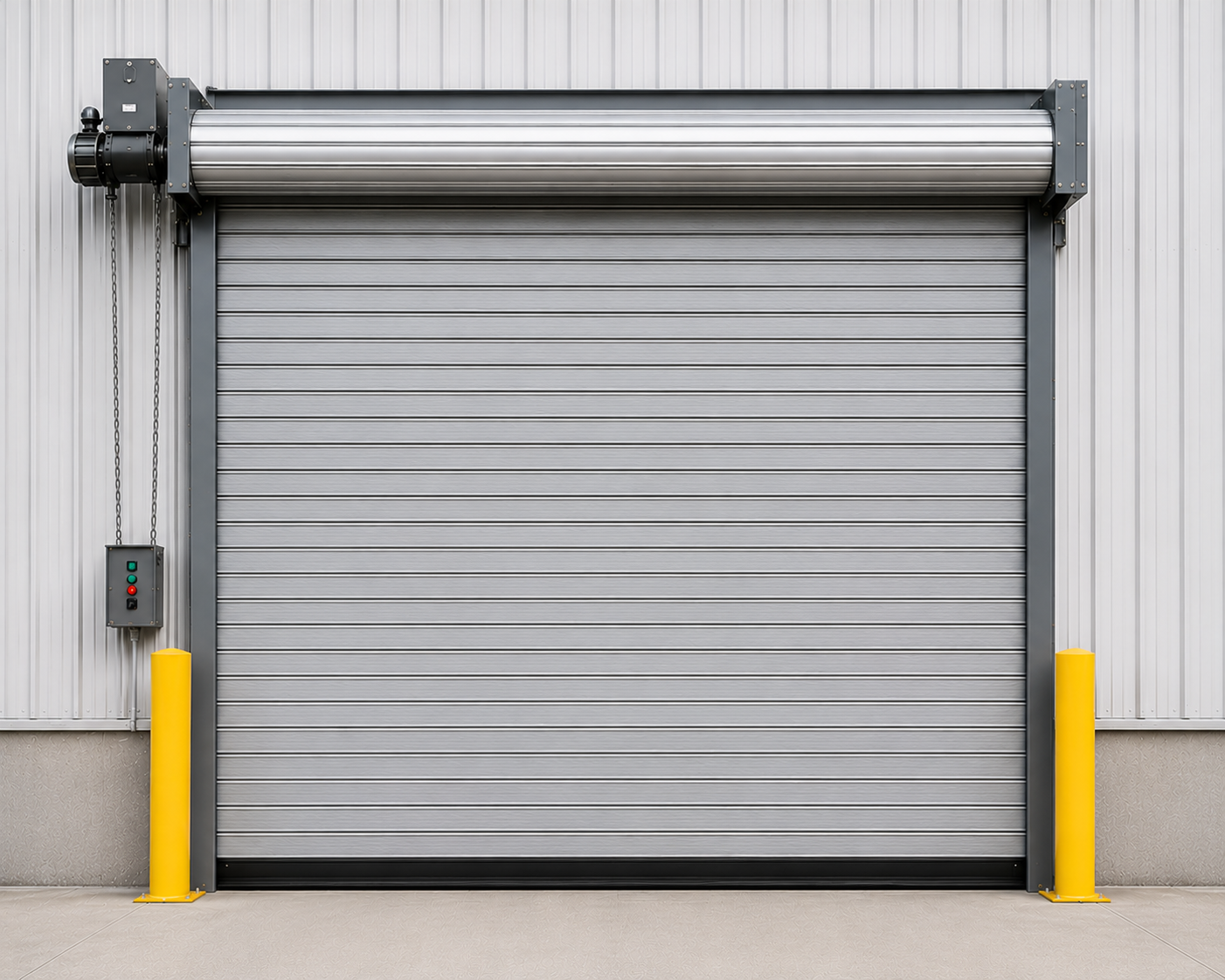 Cortina enrollable industrial CHI Modelo 6242 insulada con lamas de acero galvanizado y aislamiento de poliuretano, diseñada para seguridad, eficiencia energética y uso intensivo en instalaciones industriales.